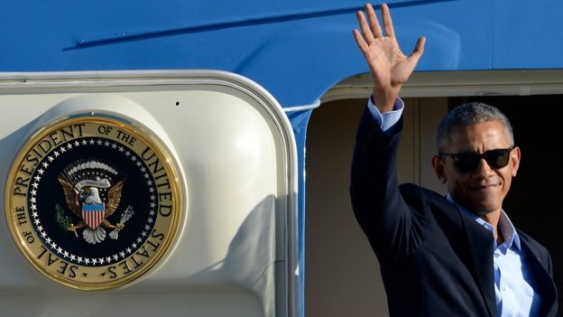 Obama no Força Aérea 1, avião presidencial dos EUA