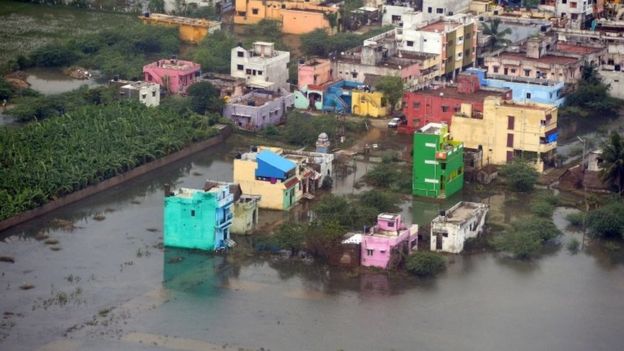 An aerial view shows a flood affected area in Chennai, India, December 3, 2015.