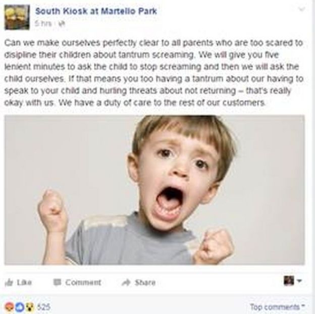 South Kiosk's Facebook post about tantrums