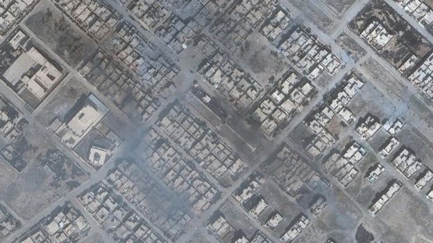 La vista satelital de la localidad de Bartella, a menos de 15 km de Mosul.