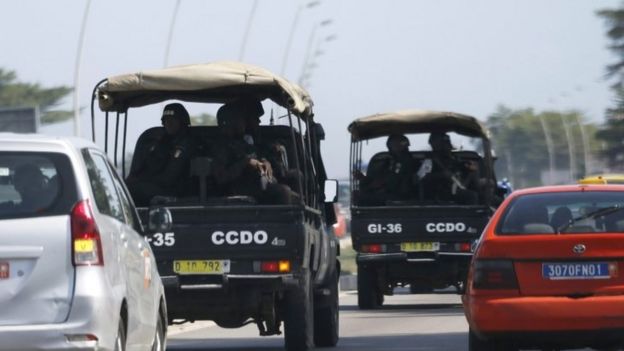 Security forces drive towards Grand-Bassam from Abidjan, Ivory Coast, 13 March