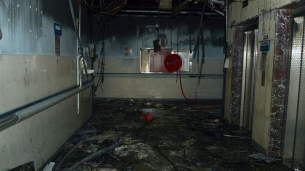The interior of a Saudi hospital damaged by a fire that killed at least 25 people