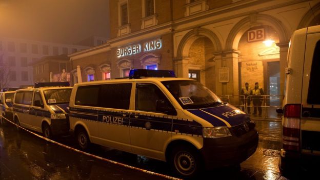 Police outside Pasing station in Munich, Germany, on 1 January, 2016