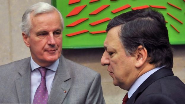 2010 file pic showing then EU Financial Service Commissioner Michel Barnier (L) with then European Commission President Jose Manuel Barroso