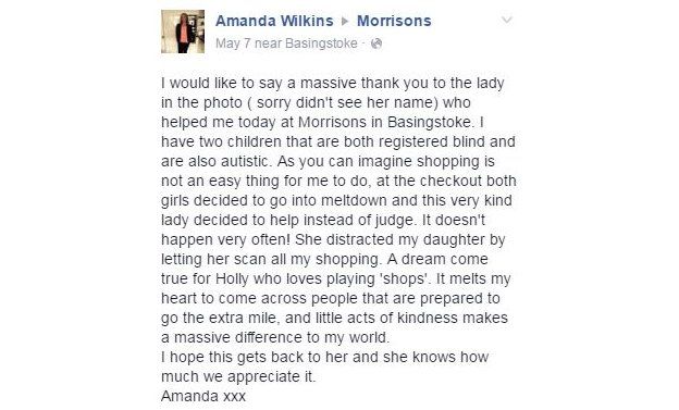 Amanda Wilkins' post on Facebook to Morrisons asking to pass on a massive thank you to the cashier
