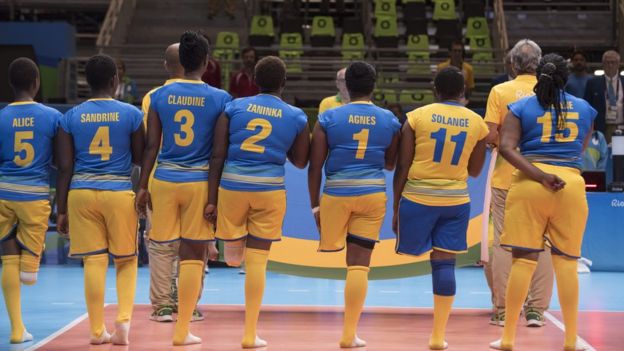 Rwanda sitting volleyball players in a line at the Paralympic Games in Rio de Janeiro, Brazil - Saturday 10 September 2016