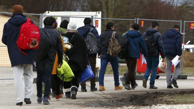 Migrants at a camp in Munich, Germany