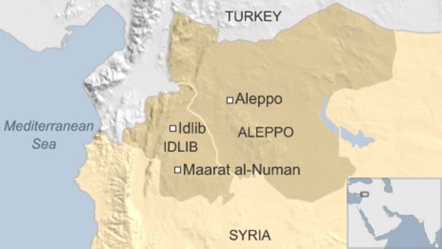 Map of Syria showing location of Maarat al-Numan