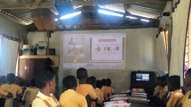 Schoolchildren watching projection