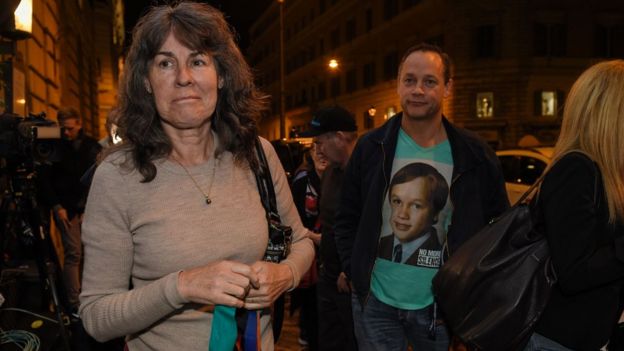 Chrissie Foster (L), whose two daughters were sexually abused by a Catholic priest, arrive at the Quirinale hotel in Rome on March 2, 2016