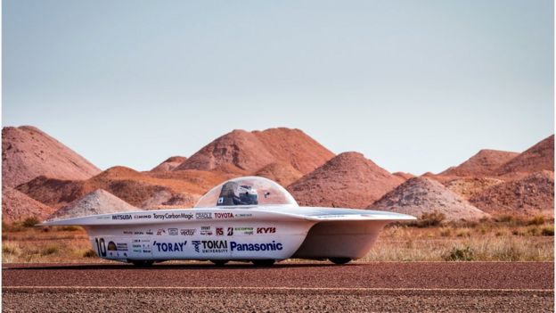 The Tokai University car from Japan competes during the fourth day of the 2015 World Solar Challenge in Coober Pedy, Australia, on Wednesday, 21 October 2015