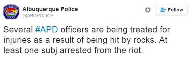 Albuquerque Police tweet: Several #APD officers are being treated for injuries as a result of being hit by rocks. At least one subj arrested from the riot.