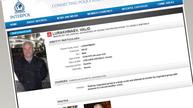 Interpol wanted list (page for Valid Lurakhmaev)