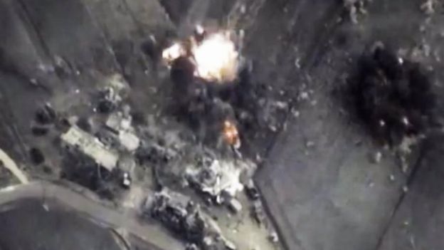 A photo provided by the Russian defence ministry allegedly shows a bomb hitting a target in Syria. Photo: October 2015