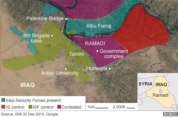 Map of Ramadi showing control by Islamic State militants