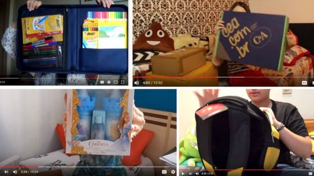 Cenas dos vídeos em que alguns youtubers mirins abrem presentes enviados por empresas que figuram na denúncia