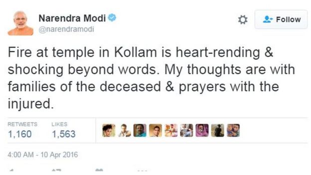 Indian PM Narendra Modi's tweet about Kerala explosion 10 April 2015