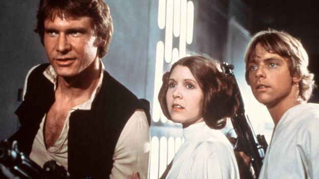 Harrison Ford, Carrie Fisher y Mark Hamill en la película original de Star Wars