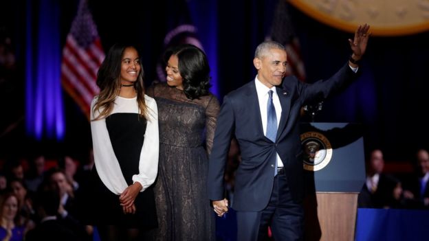 U.S. President Barack Obama his wife Michelle and their daughter Melia acknowledge the crowd after President Obama delivered a farewell address at McCormick Place in Chicago, Illinois, U.S. January 10, 201