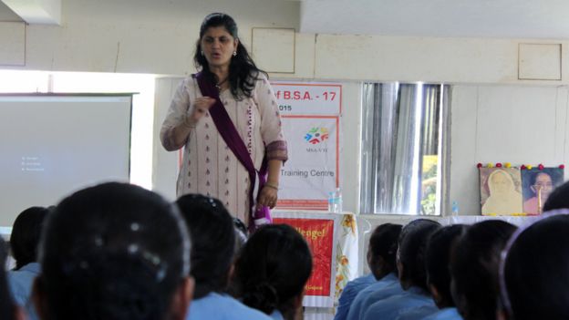 Swati Bedekar giving a menstrual awareness talk