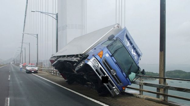 Truck blown over on the Seto Ohashi bridge in Sakade
