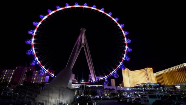 The High Roller at The LINQ Promenade on the Las Vegas Strip is lit up with the blue, white and red colors of the French flag in a show of solidarity with France on November