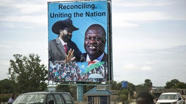 Poster of President Salva Kiir and rebel leader Riek Machar in Juba, South Sudan