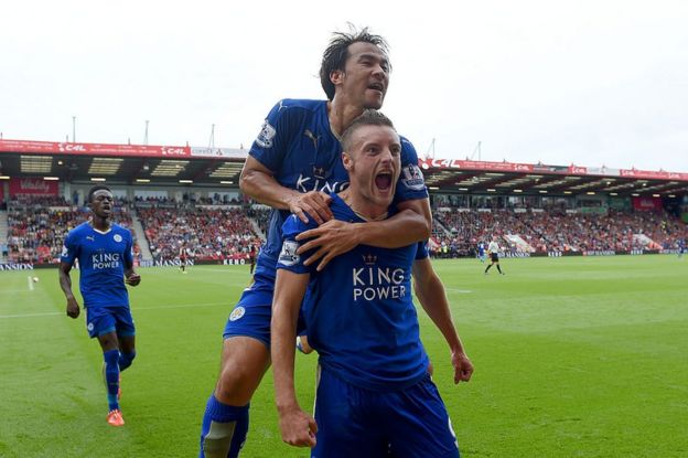 Jamie Vardy of Leicester City celebrates scoring his team's first goal with his team mate Shinji Okazaki on August 29 2015