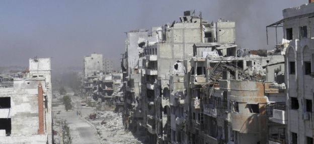 Homs in 2014 in the aftermath of what rebels said was government shelling