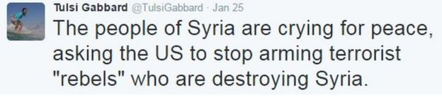 Gabbard tweet - The people of Syria are crying for peace, asking the US to stop arming terrorist 'rebels' who are destroying Syria