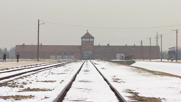 The train tracks leading to the main entrance of the Auschwitz-Birkenau concentration camp