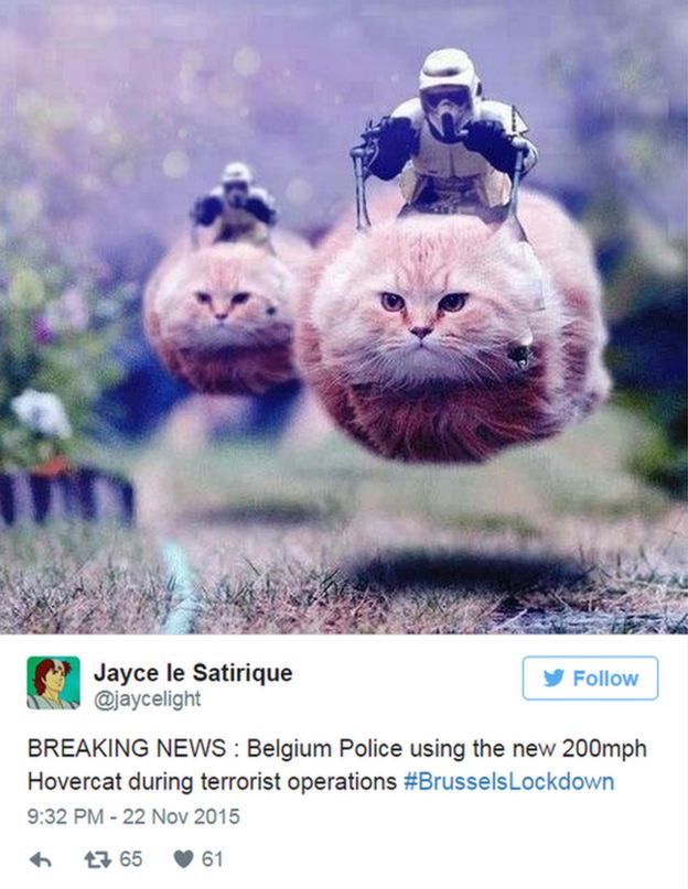 Jayce le Satirique tweets: BREAKING NEWS : Belgium Police using the new 200mph Hovercat during terrorist operations #BrusselsLockdown