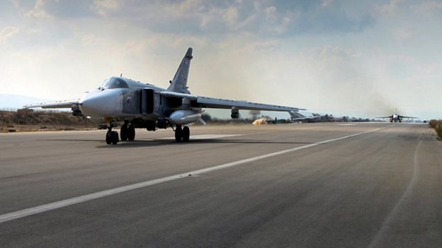 A Russian SU-24M jet fighter / bomber prepares to take off from an airbase Hmeimim in Syria