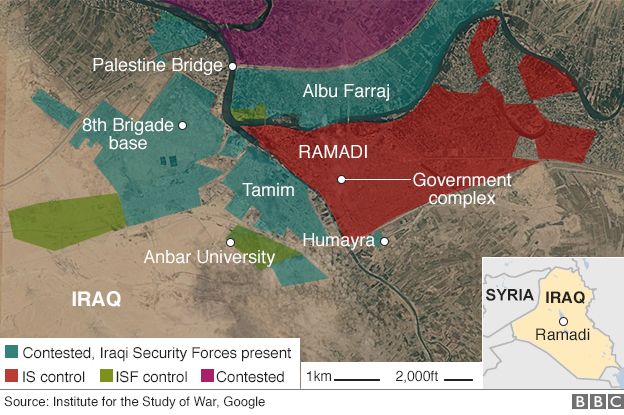 Map of Ramadi showing control by Islamic State militants