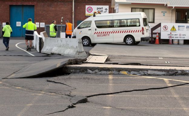 A paved road is lifted at the ports in Wellington, New Zealand, Monday, 14 November 2016, following an earthquake