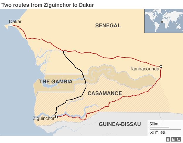 Map showing the two routes from Ziguinchor to Dakar in Senegal