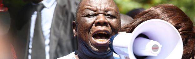 Leader of the opposition party Movement for Democratic Change (MDC-T), Morgan Tsvangirai, speaks to supporters during a protest against poverty and corruption, in Harare, Zimbabwe, 14 April 2016