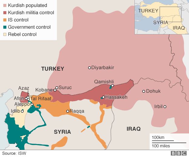 A map showing contested areas in northern Syria and Turkey