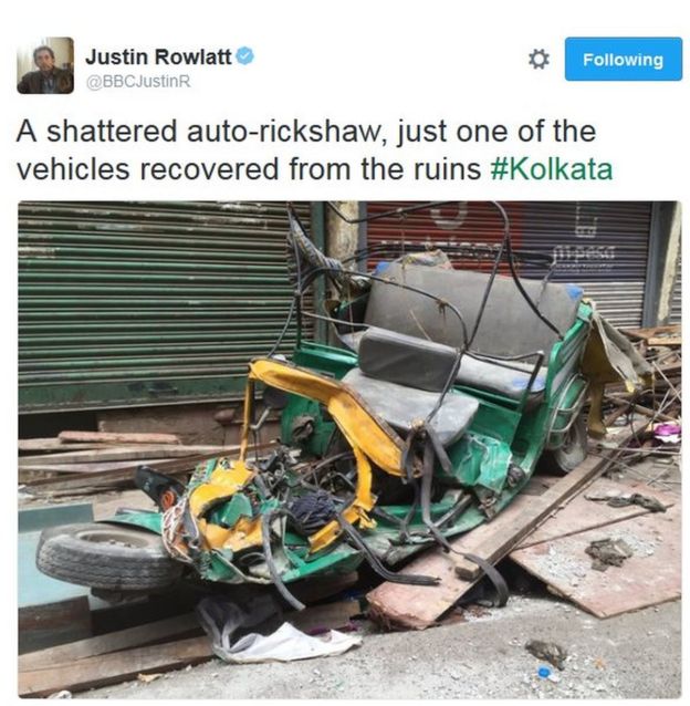 A shattered auto-rickshaw, just one of the vehicles recovered from the ruins #Kolkata