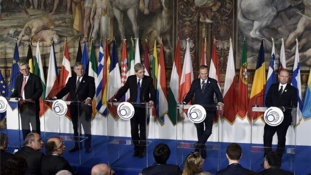 President of the European Commission Jean-Claude Juncker, EU Parliament president Antonio Tajani, Italy's Prime Minister Paolo Gentiloni, President of the European Council Donald Tusk and Malta's Prime Minister Joseph Muscat take part in a press conference in Rome following the signing of the new Rome declaration with leaders of 27 European Union countries, March 25, 2017