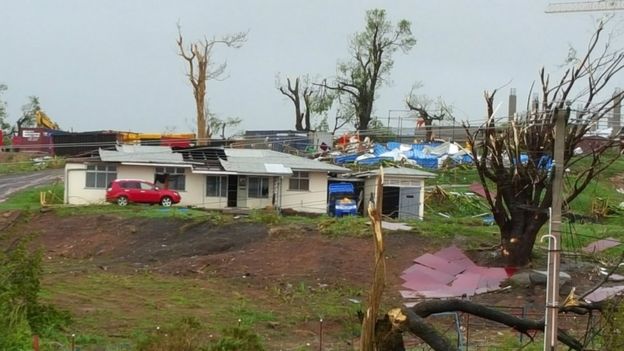 Buildings and trees are damaged after Cyclone Winston swept through the town of Ba on Fiji's Viti Levu Island, 21 February 2016
