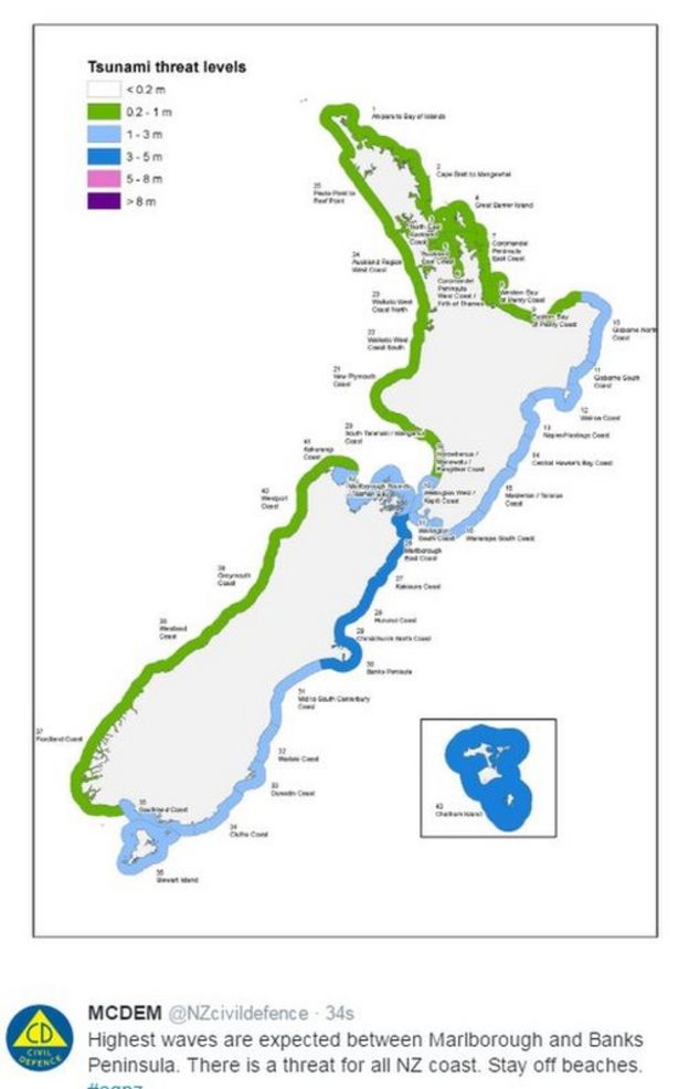 A map showing the strength of waves expected to hit New Zealand's coastline