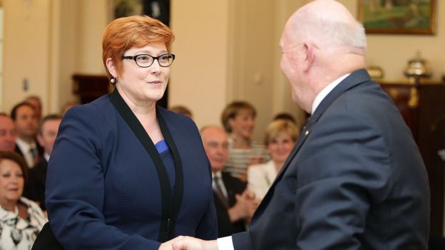 Minister for Defence Marise Payne is congratulated by Governor-General Sir Peter Cosgrove during the swearing-in ceremony of the new Turnbull Government at Government House on September 21, 2015 in Canberra