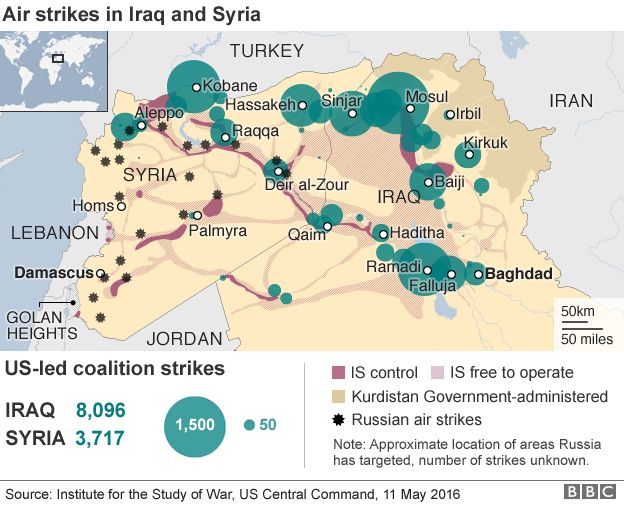 Map of air strikes in Iraq and Syria since August 2014