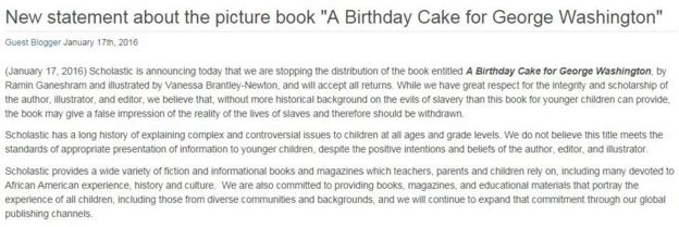 Scholastic's statement on A Birthday Cake for George Washington