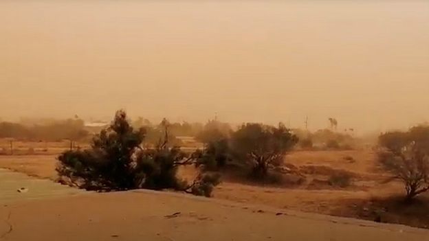 A dust storm blows across Carnarvon, Western Australia, 24 May 2020, in this still image obtained from a social media video.