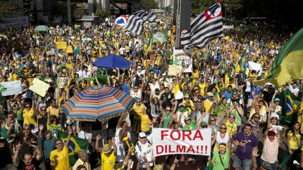 Demonstrators during a protest rally demanding the impeachment of President Dilma Rousseff in Sao Paulo