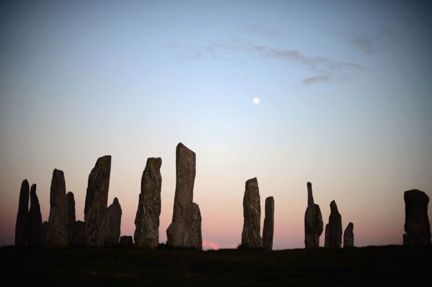 The moon rises above The Callanish Stones on May 12,2014 in Lewis, Scotland