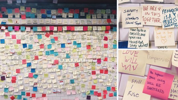 A three-part composite of messages, on post-its, stuck to the walls of New York's subway, with messages like: 