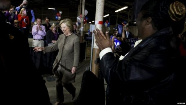 Democratic presidential candidate Hillary Clinton takes the stage to rally with supporters at a local politician's annual oyster roast and fish fry in Orangeburg, South Carolina 26/02/2016